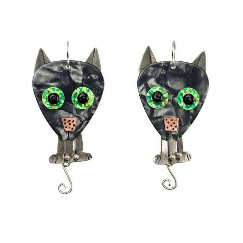 Chickenscratch Puff Cat Earrings — handmade white bronze grey guitar pick cat earrings with swinging tails, copper nose, and green prismatic eyes, sterling silver ear wires