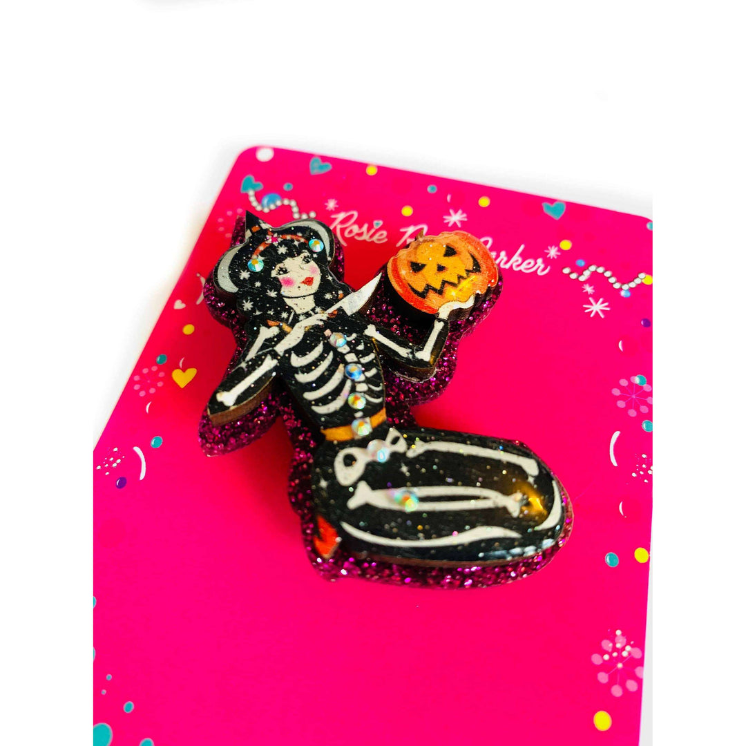 Pumpkin Carving Witch Brooch by Rosie Rose Parker