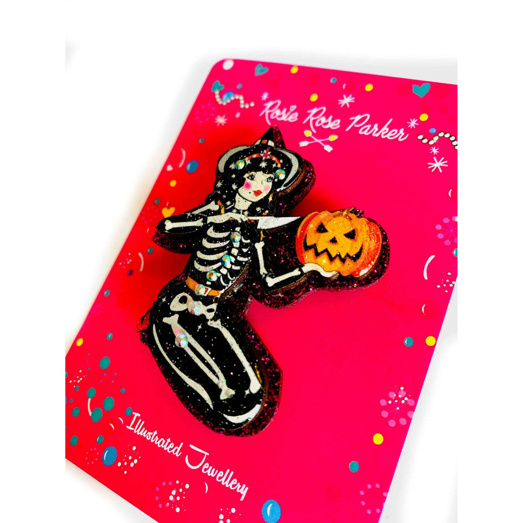 Pumpkin Carving Witch Brooch by Rosie Rose Parker