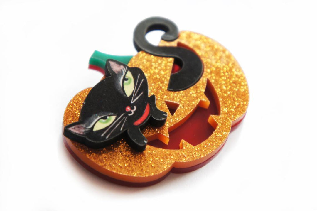 Pumpkin with Black Kitten Brooch by LaliBlue - Quirks!