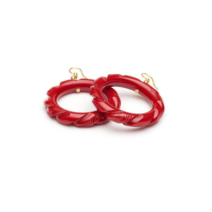 Red Heavy Carve Drop Hoop Earrings by Splendette 