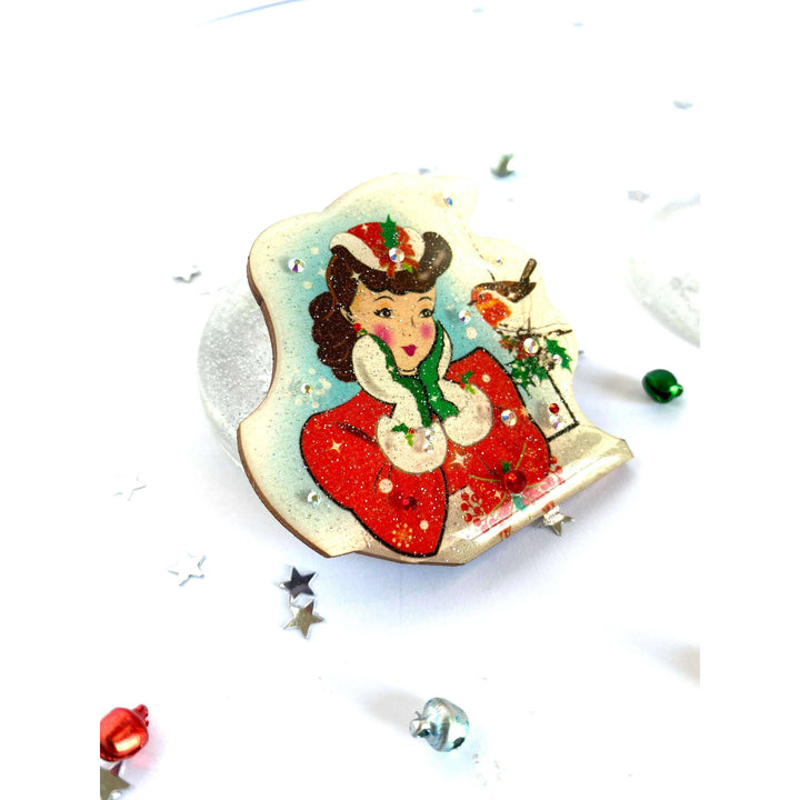 Red Robin and Christmas Lady Brooch by Rosie Rose Parker