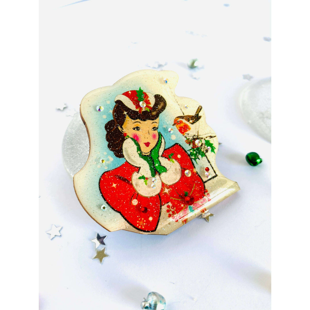 Red Robin and Christmas Lady Brooch by Rosie Rose Parker