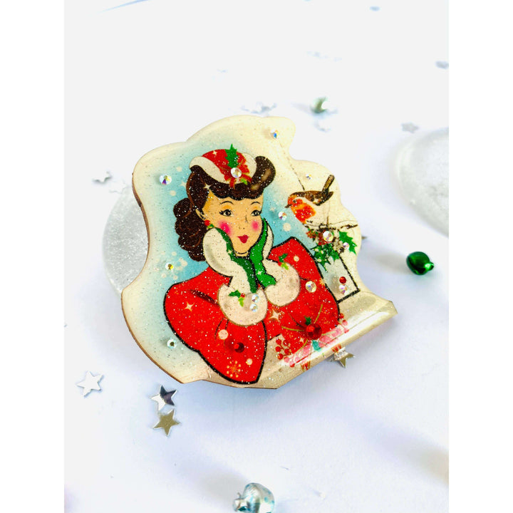 Red Robin and Christmas Lady Brooch by Rosie Rose Parker