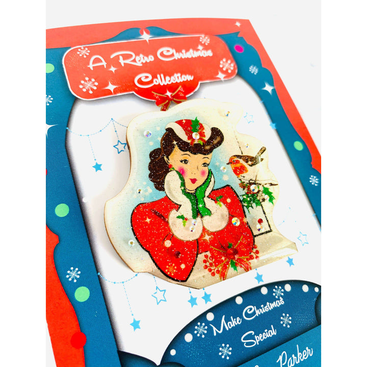 Red Robin and Christmas Lady Brooch by Rosie Rose Parker