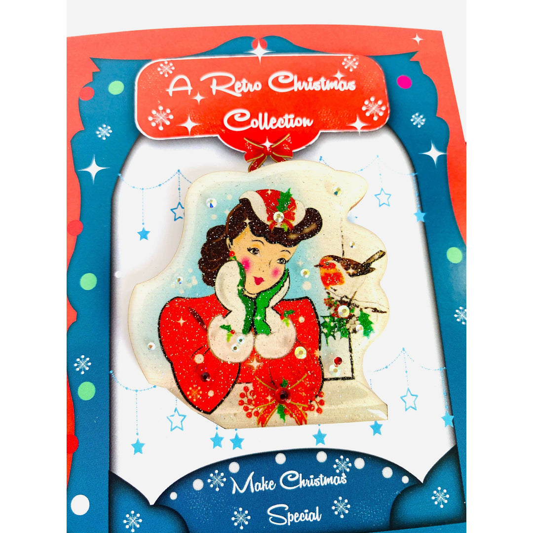 Red Robin and Christmas Lady Brooch by Rosie Rose Parker