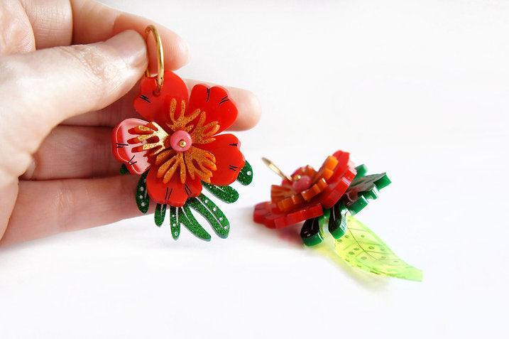 Red Tropical Flower Earrings by Laliblue - Quirks!