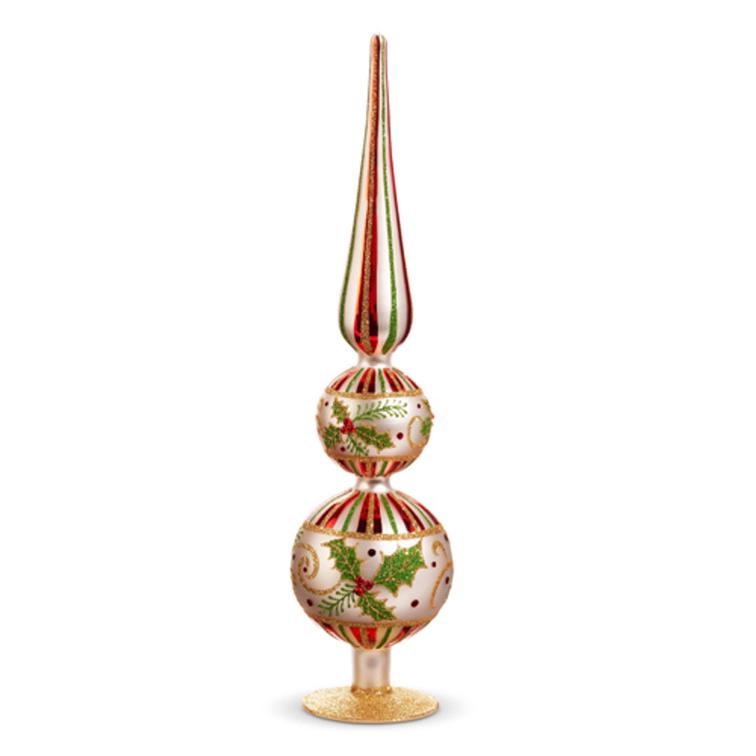 A green, red, and gold glass Christmas finial decoration with holly leaf designs and a pointed top.