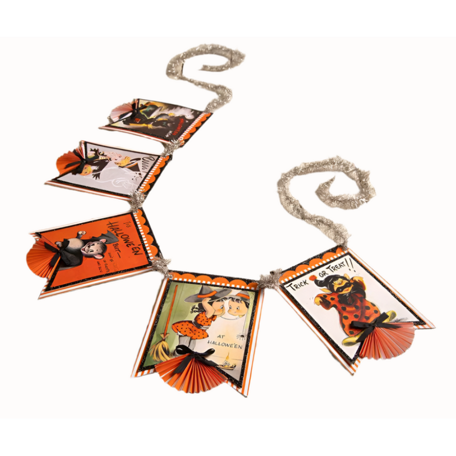 Halloween-themed banner with vintage-style illustrations on a white background