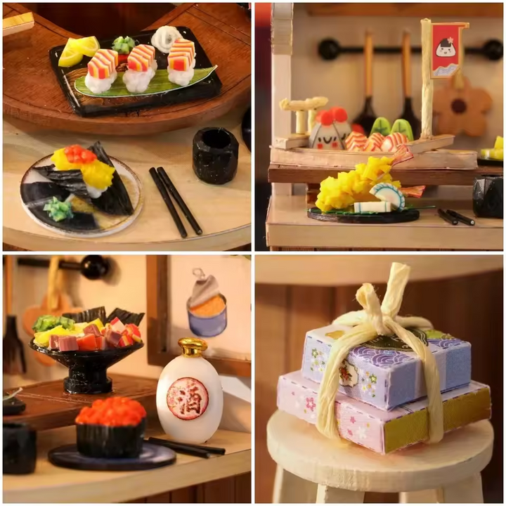 Revolving Food Dollhouse Kit - Miniature Wizardi Roombox Kit with LED Light F07M51-66-QT-088