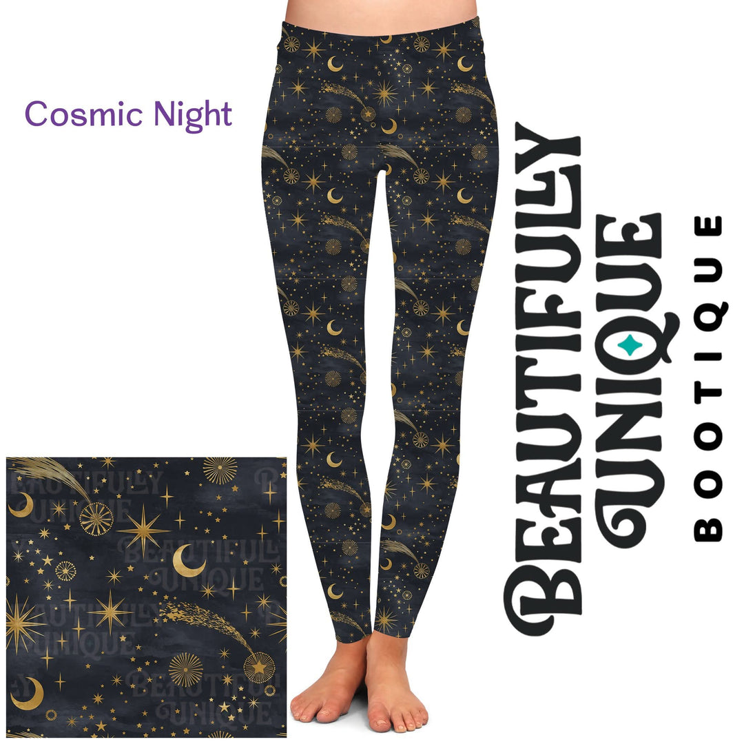 Cosmic Night Leggings - High-quality Handcrafted Vibrant Witchy Celestial Moon Stars