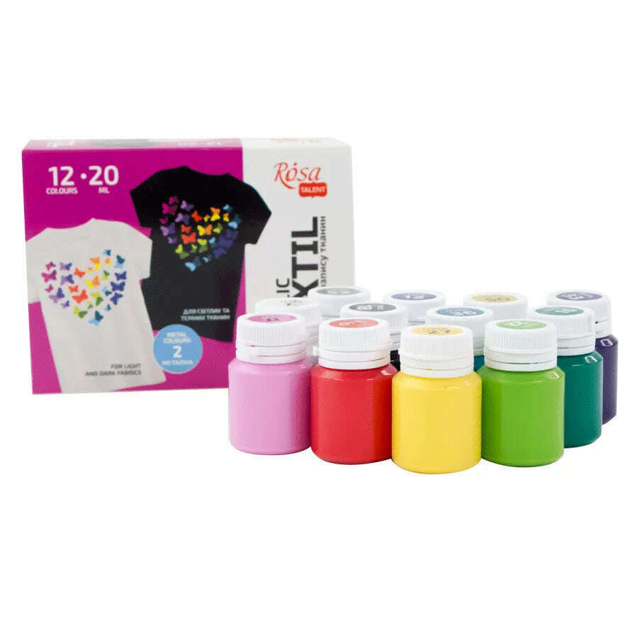 Rosa Talent HEART Textile Acrylic Paint Set. 12 colors (0.68 oz) and including 2 metallic