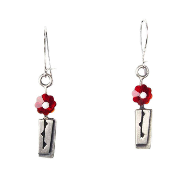 Chickenscratch Rosebud Earrings — cast sterling silver vase earrings with faceted bright red glass flower and white center, locking sterling kidney wires