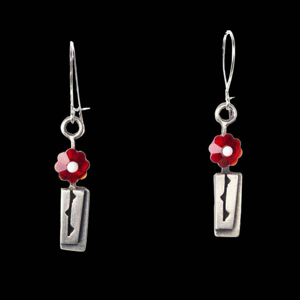 Chickenscratch Rosebud Earrings detail — artisan sterling silver vase and red glass flower earrings handmade in USA