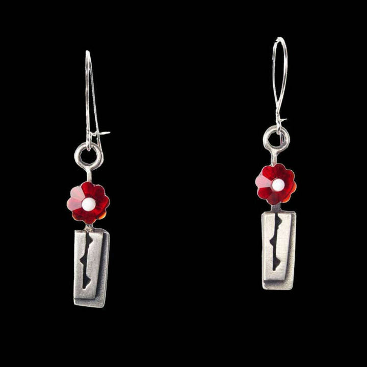 Chickenscratch Rosebud Earrings detail — artisan sterling silver vase and red glass flower earrings handmade in USA