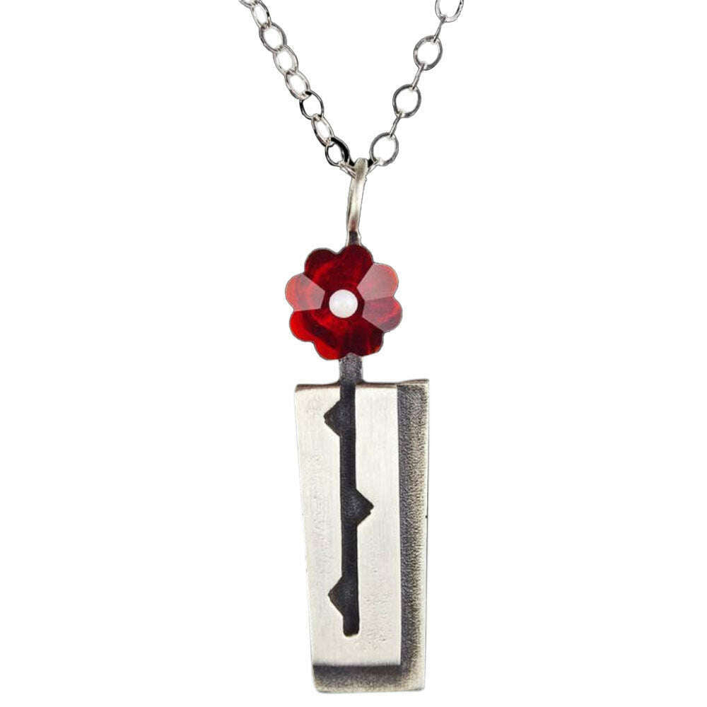Chickenscratch Rosebud Necklace — cast sterling silver vase pendant necklace with bright red faceted glass flower and white center on 18-inch sterling silver chain