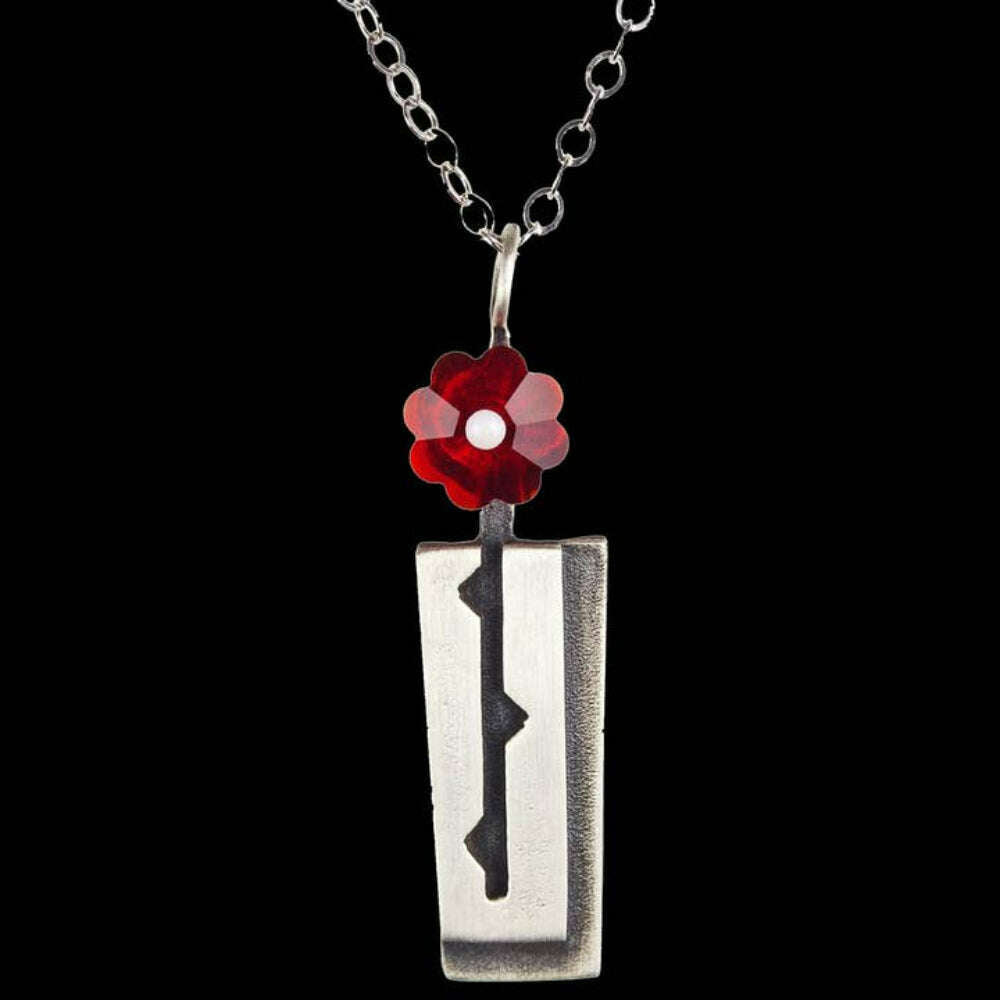 Chickenscratch Rosebud Necklace detail — artisan sterling silver vase and glass rose necklace handmade in USA