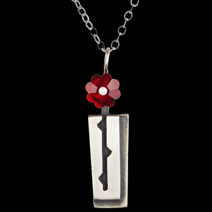 Chickenscratch Rosebud Necklace detail — artisan sterling silver vase and glass rose necklace handmade in USA