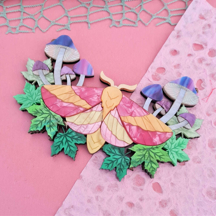Rosy Maple Moth and Mushrooms Statement Necklace 