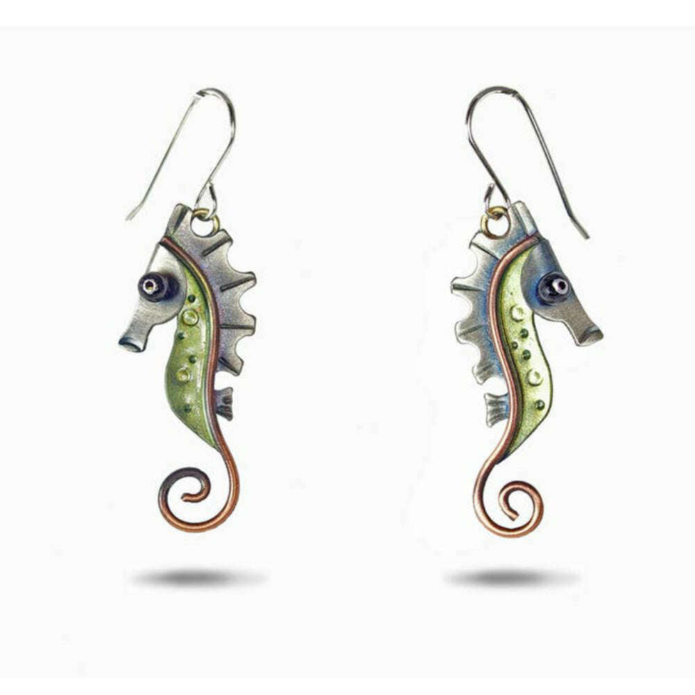 Chickenscratch Seahorse Earrings — handmade matched pair antiqued nickel silver and copper seahorse earrings with green mica powder belly, sterling silver ear wires