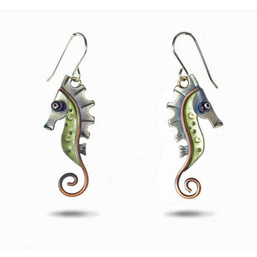 Chickenscratch Seahorse Earrings — handmade matched pair antiqued nickel silver and copper seahorse earrings with green mica powder belly, sterling silver ear wires