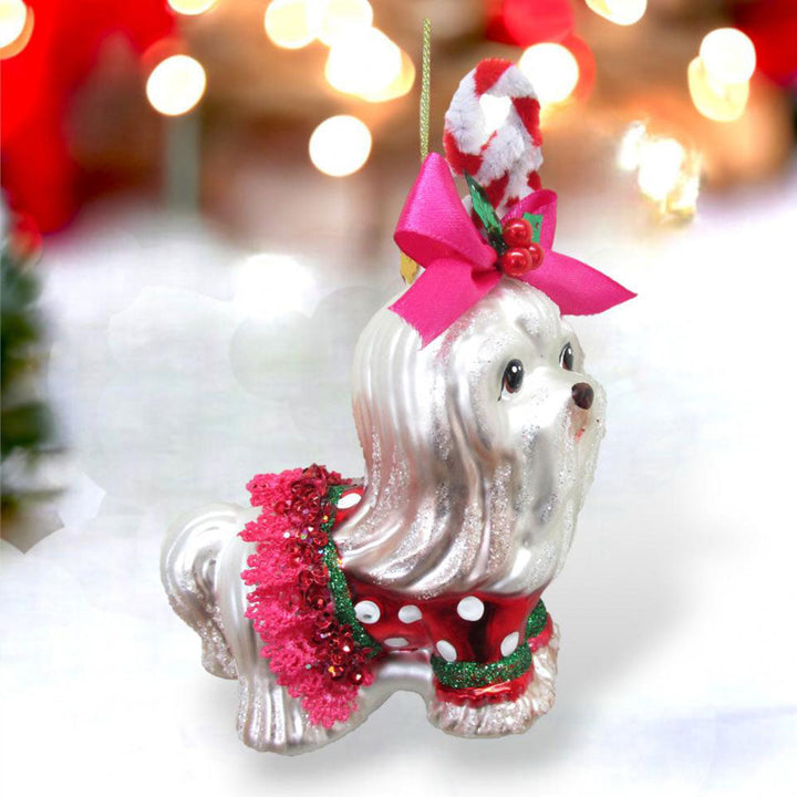 Shih Tzu in Candy Cane Outfit Ornament by December Diamonds 