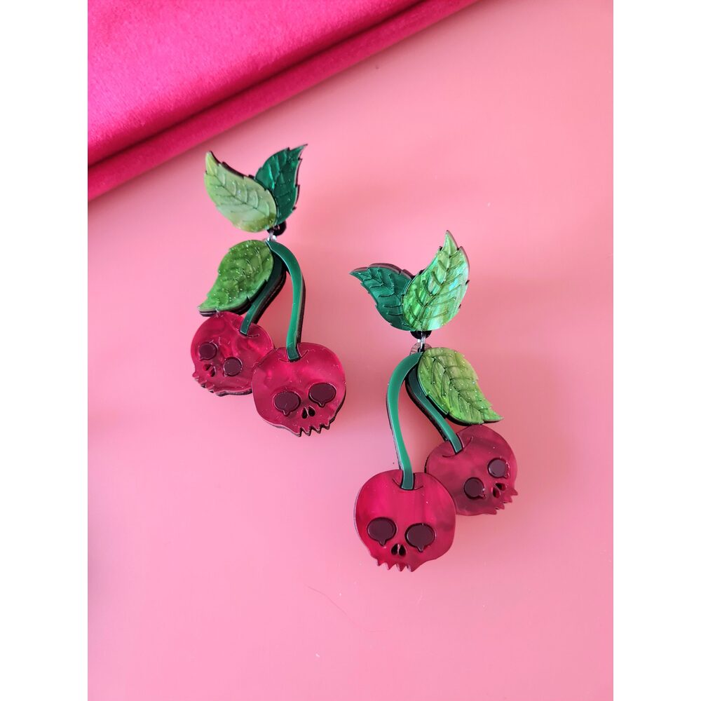 Skull Cherry Statement Earrings by Cherryloco Jewellery 2