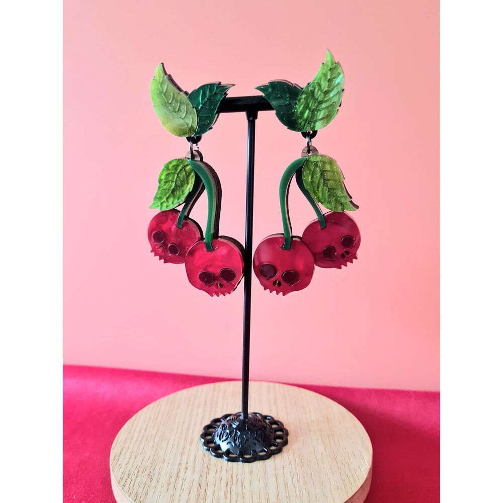 Skull Cherry Statement Earrings by Cherryloco Jewellery 4