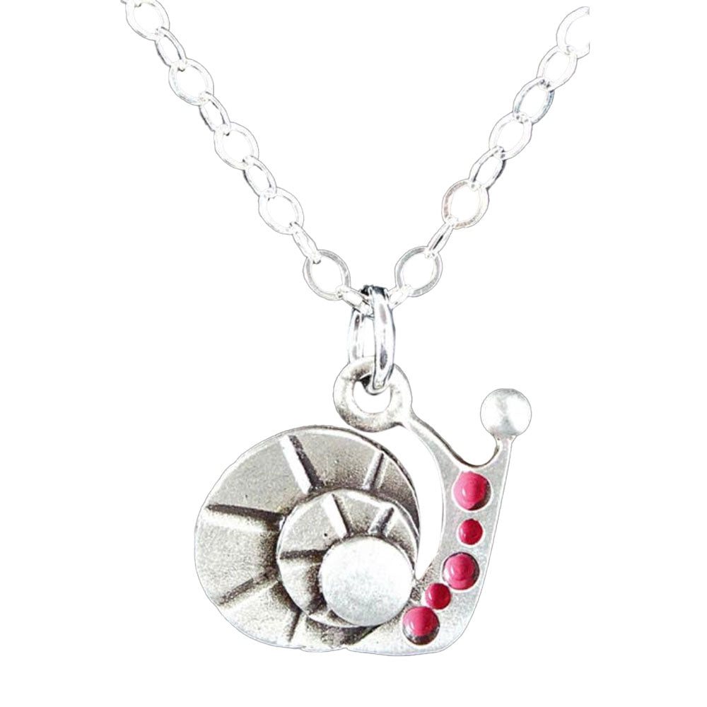 Chickenscratch Snail Pendant — cast sterling silver snail charm necklace with pink enamel paint accents on 18-inch sterling silver chain