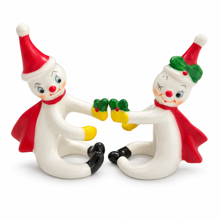 Snow Smitten ceramic snowman candle huggers, set of 2, with red hats, red scarves, yellow holly mittens and black boots, inspired by Holt Howard, by Retro Revival