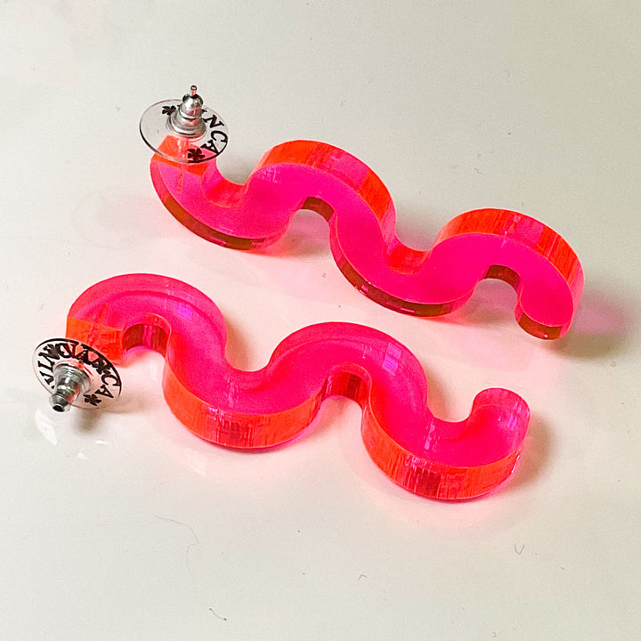 Chunky Squiggle Statement Earrings - Black Light Reactive Clear Pink