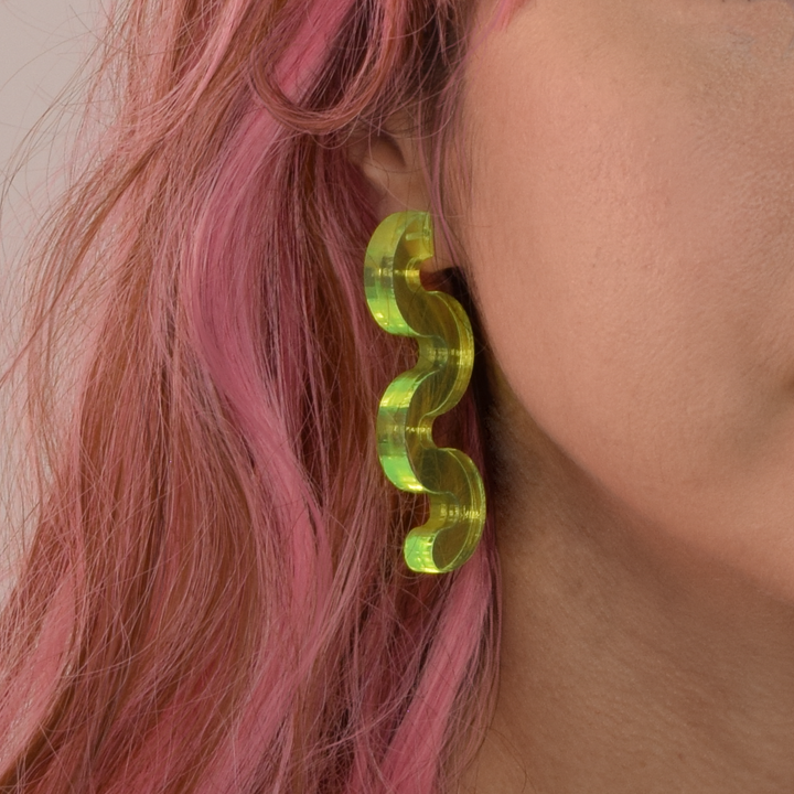 Chunky Squiggle Statement Earrings - Black Light Reactive Clear Green