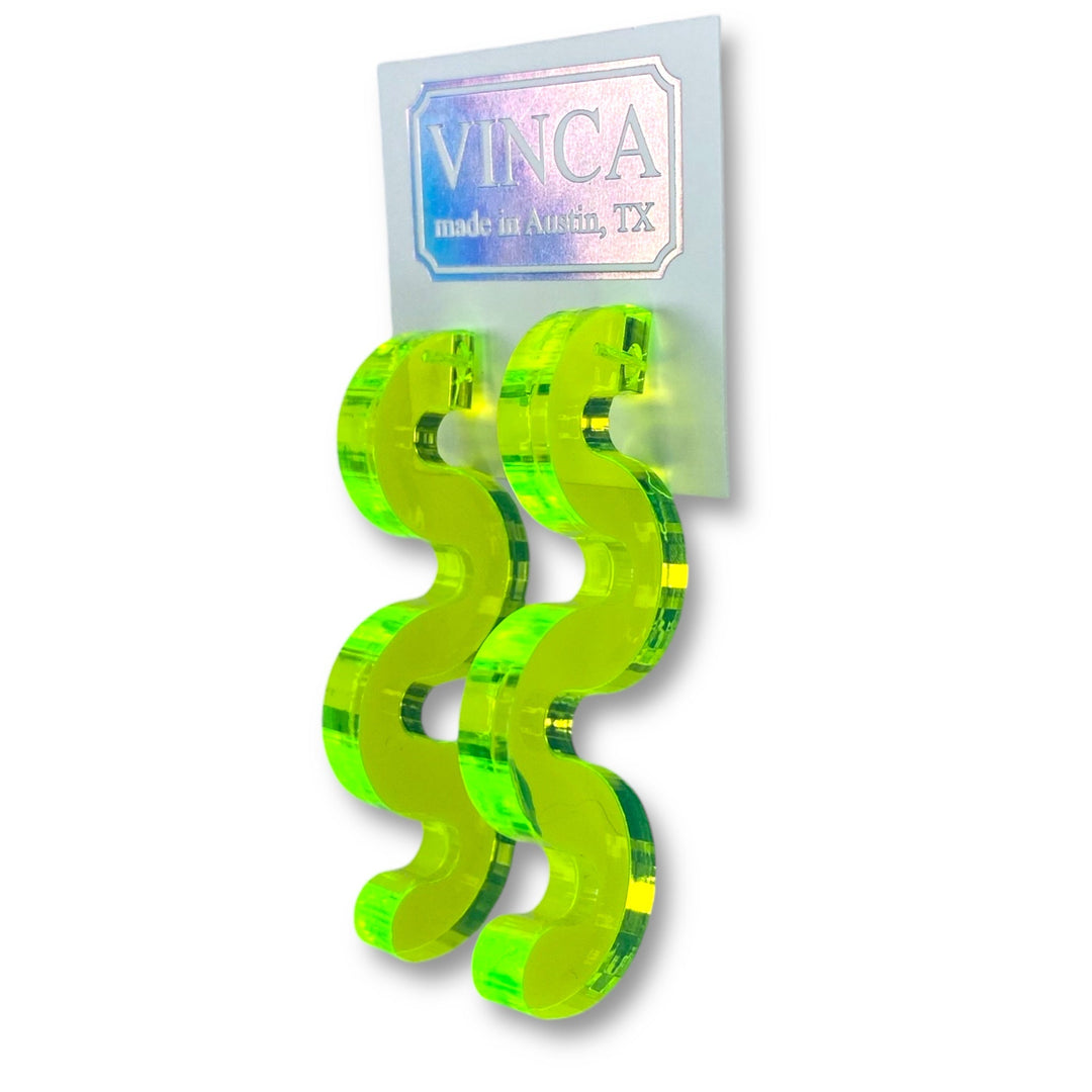 Chunky Squiggle Statement Earrings - Black Light Reactive Clear Green