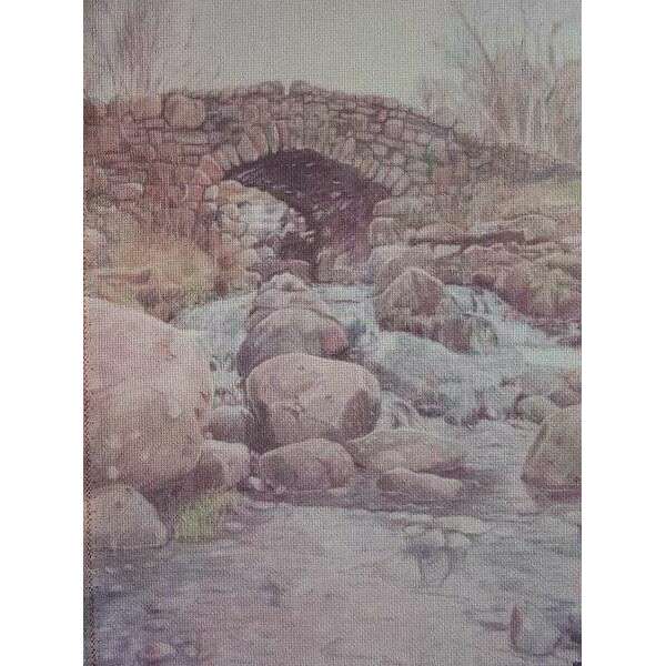 Stone Bridge Designer Printed AIDA Fabric. Canvas for embroidery with an applied background  KF-1115A