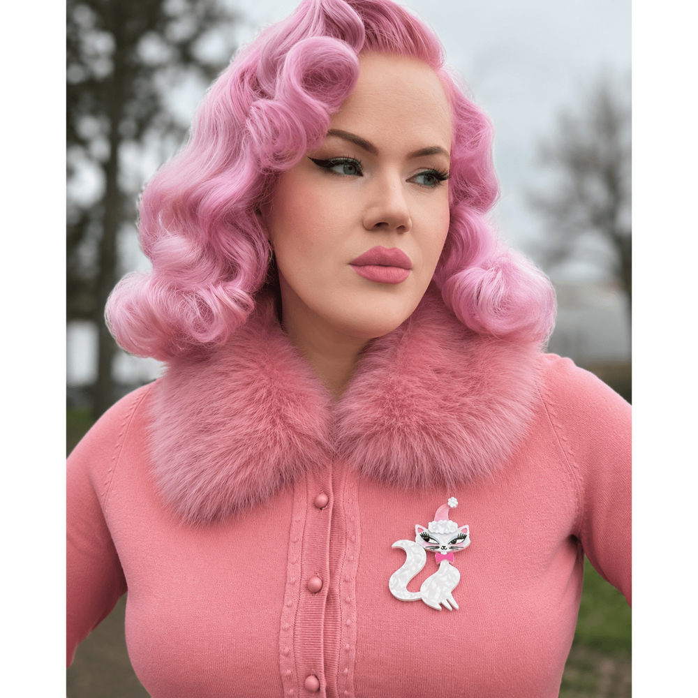 Swanky Pinkmas Kitty Brooch by Miss Fluff x Lipstick & Chrome Atomic cat