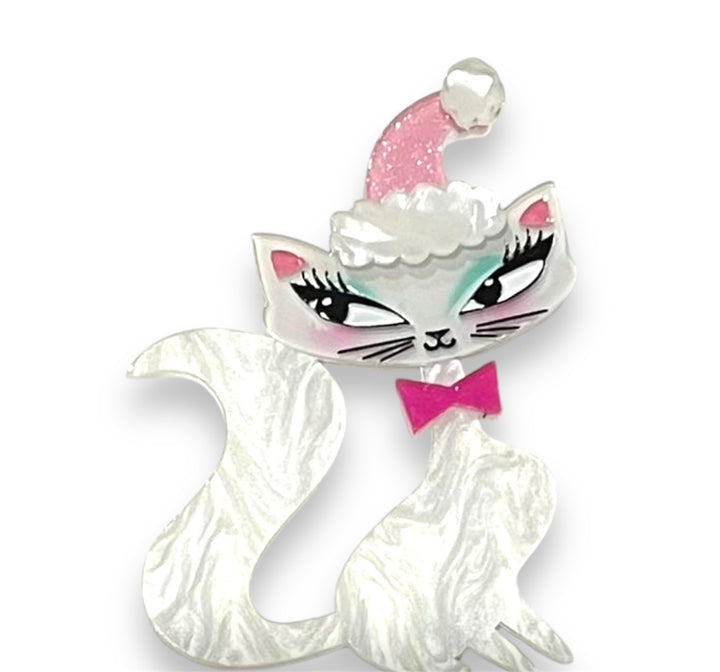Swanky Pinkmas Kitty Brooch by Miss Fluff x Lipstick & Chrome — pink holiday cat in party hat, marble and glitter resins