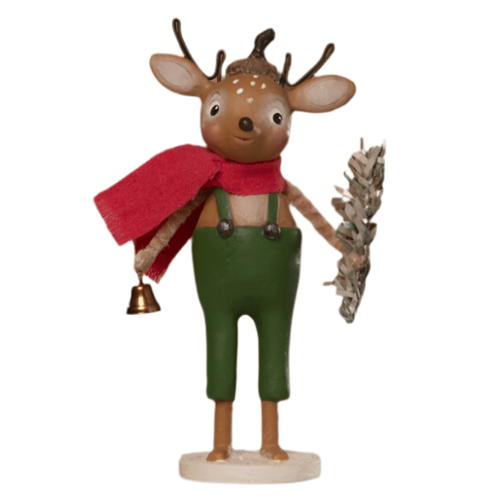 bethany lowe christmas - A hand-painted resin reindeer figurine wearing green pants with suspenders, a red scarf, and holding a tinsel sprig in one hand and a jingling bell in the other.