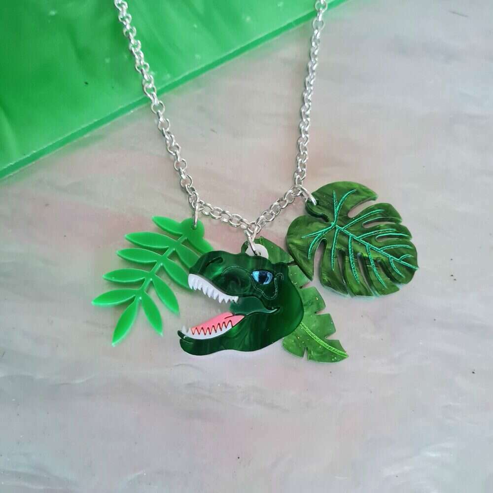 T Rex Dinosaur Charm Leaf Pendant by Cherryloco Jewellery 1
