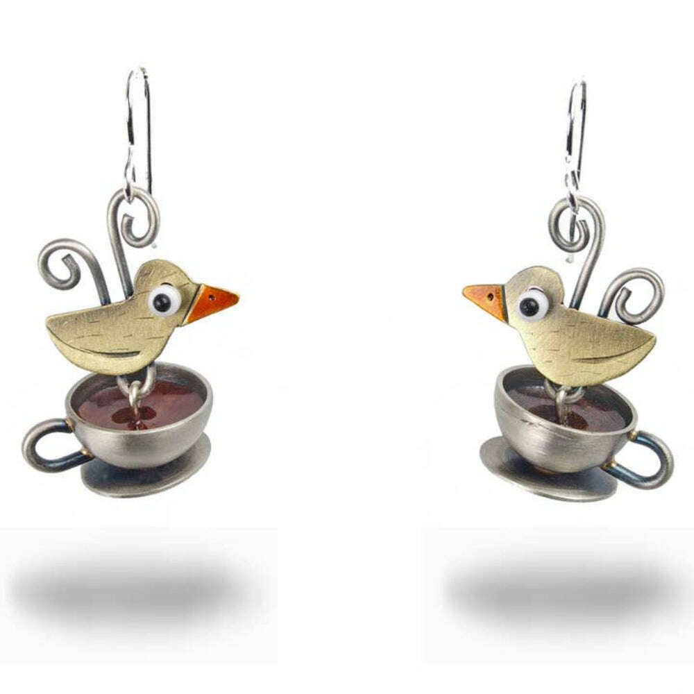 Chickenscratch Tea For Two Earrings — handmade 3D antiqued nickel silver teacup earrings with enamel painted bird, mismatched narrative earrings, gold-filled ear wires
