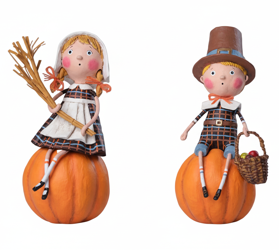 Two figurines of a girl and boy on pumpkins with a white background