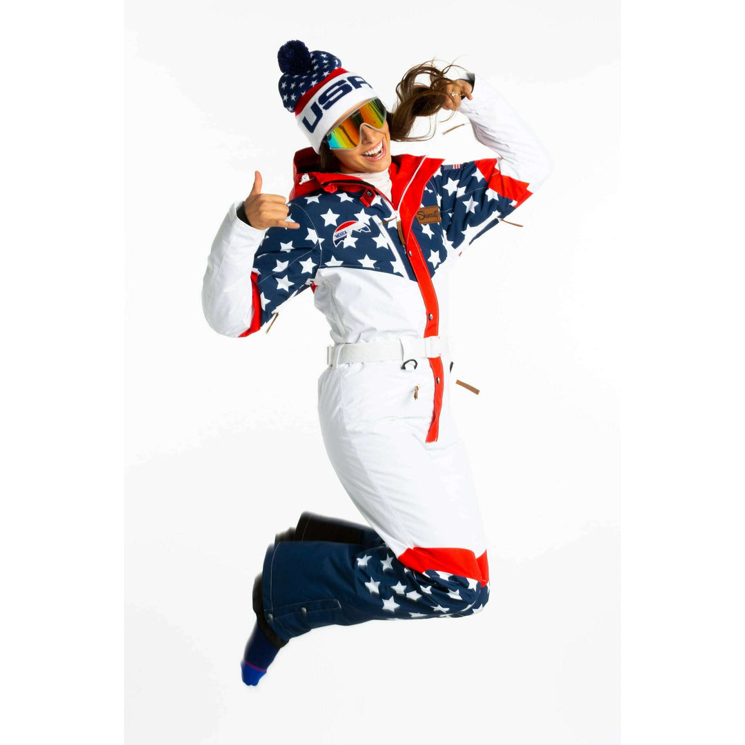 The First Chair | Retro American Flag Women's One Piece Ski Suit