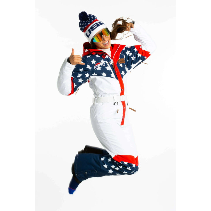 The First Chair | Retro American Flag Women's One Piece Ski Suit