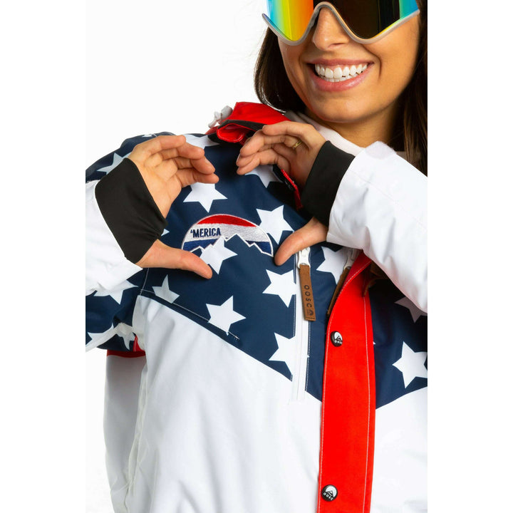 The First Chair | Retro American Flag Women's One Piece Ski Suit