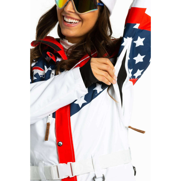 The First Chair | Retro American Flag Women's One Piece Ski Suit