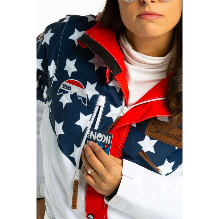 The First Chair | Retro American Flag Women's One Piece Ski Suit