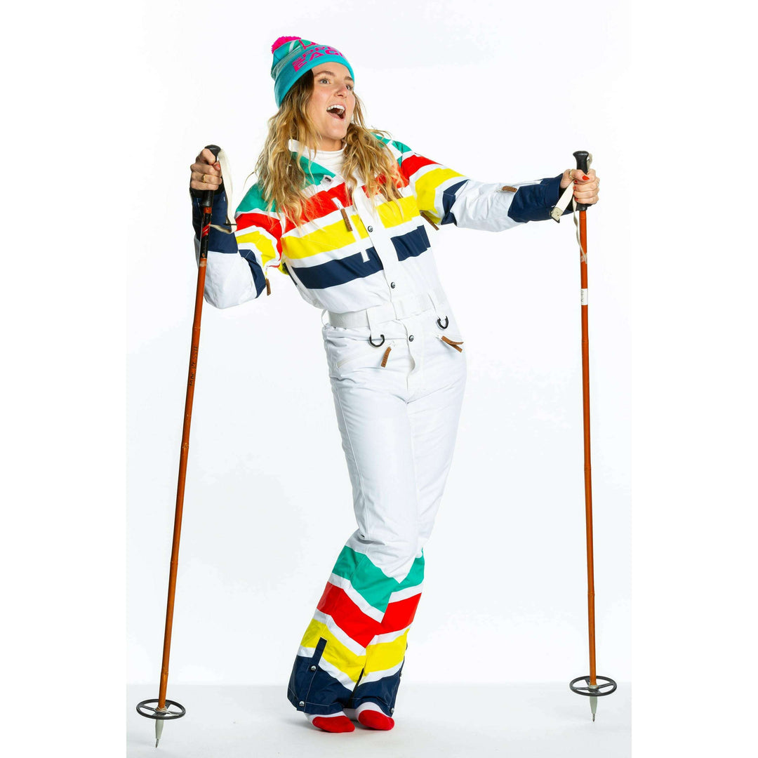 The Mogul Maniac | White Retro Striped Women's One Piece Ski Suit