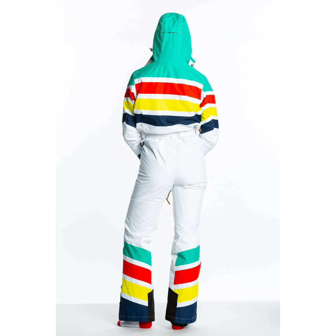 The Mogul Maniac | White Retro Striped Women's One Piece Ski Suit