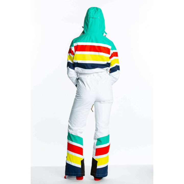 The Mogul Maniac | White Retro Striped Women's One Piece Ski Suit