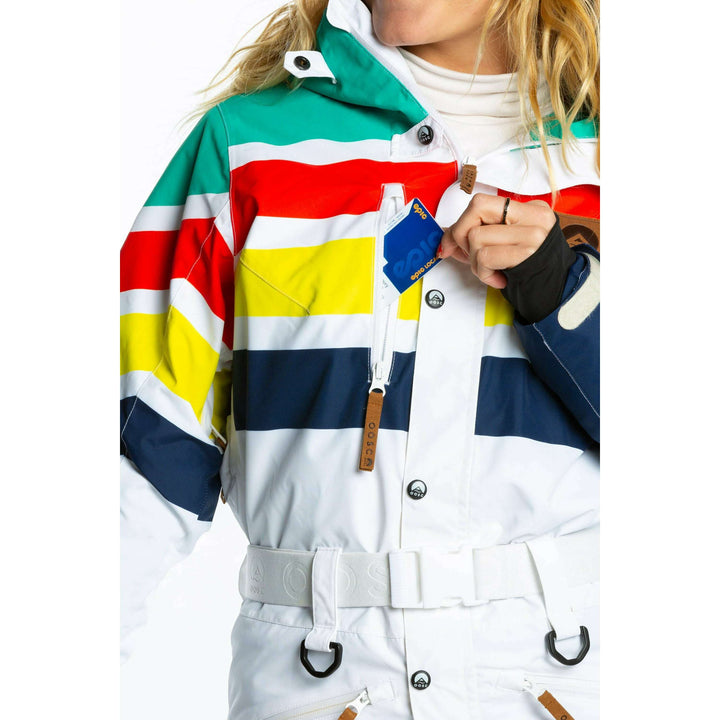 The Mogul Maniac | White Retro Striped Women's One Piece Ski Suit
