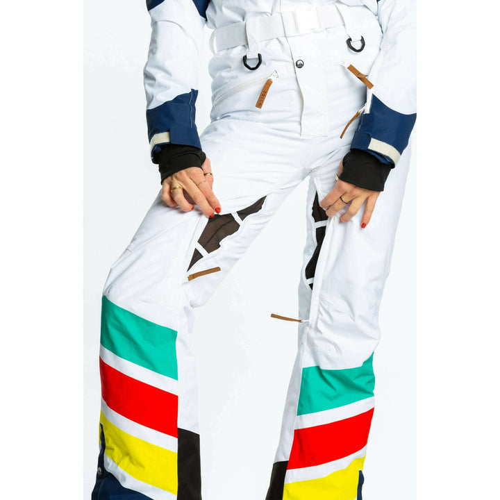The Mogul Maniac | White Retro Striped Women's One Piece Ski Suit